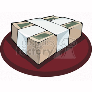 Clipart image of a stack of paper currency secured with a white band, resting on a maroon circular surface.