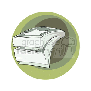 Clipart image of a stack of dollar bills set against a circular, green and gray background.