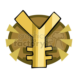Clipart image of a golden yen symbol with a round, dark golden background and decorative elements.