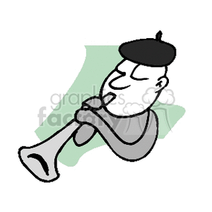 Cartoon-style illustration of a person playing a horn, wearing a beret.