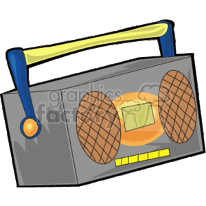 This clipart image depicts a stylized portable boombox or stereo radio. It features a handle for portability, two speakers with a lattice design, a central display (likely an LCD or LED screen), and control buttons or indicators along the bottom. The image is in a cartoon style with a cheerful color scheme.