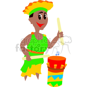 A colorful illustration of a musician in traditional attire playing a drum.