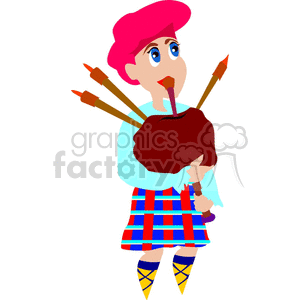 A cartoon-style image of a musician playing the bagpipes, dressed in a traditional kilt and flat cap.