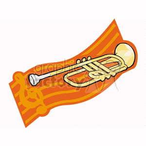 Illustration of a trumpet with a treble clef on an orange background.