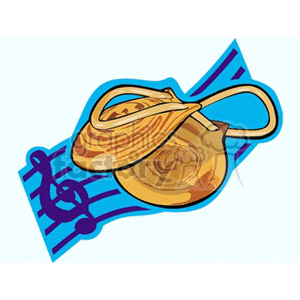 Clipart image of castanets with a music staff and treble clef in the background.