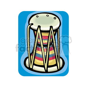 Colorful clipart of a traditional percussion instrument featuring a striped body and a drumhead on a blue background.