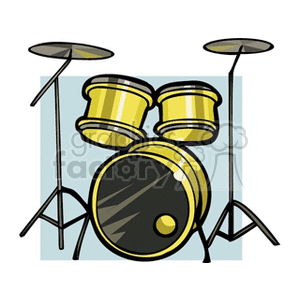 A clipart image of a drum set featuring two cymbals and three yellow drums.