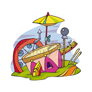 Colorful clipart image featuring a drum set with cymbals and drumsticks in a whimsical design.