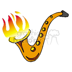 Illustration of a saxophone with flames coming out of it.