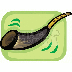 Clipart image of a clarion, a wind instrument that resembles a horn, set against a green background.