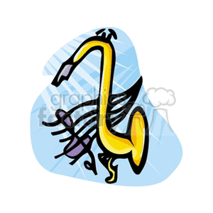 Colorful clipart illustration of a saxophone with a treble clef.