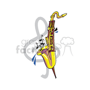 Colorful clipart image of a saxophone with a treble clef and musical notes.