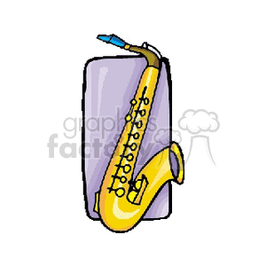 A clipart image of a yellow saxophone, a musical woodwind instrument.