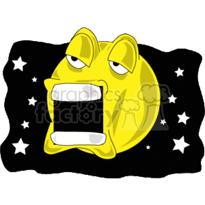 The image is a cartoonish representation of a yellow moon with a human-like face, looking grumpy or displeased. The moon is set against a dark night sky sprinkled with white stars of various sizes, implying a starry night.