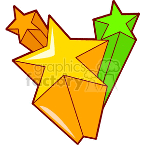 The clipart image shows a cartoon-style burst of shooting stars bursting out from the ground. The stars are stylized with five points and appear in various shades of yellow, orange, and green.
