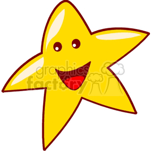 The clipart image shows a stylized depiction of a star with five points. It has a big red mouth that is smiling, and 2 eyes 