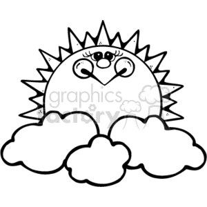 Black And White Smiling Sun Rising Above The Clouds Clipart Royalty Free Clipart 151087