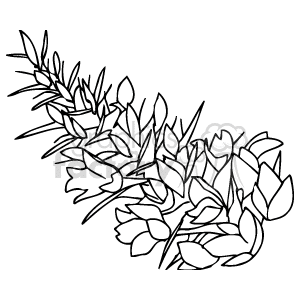   The clipart image depicts a stylized arrangement of plants and flowers consisting of leaves and flower blossoms. The image is monochromatic, using only black outlines to define the shapes of the foliage and blooms. It