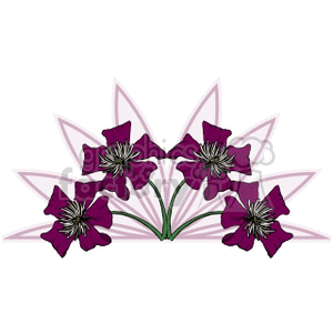 Clipart image of five purple flowers with green stems and layered petals in the background.