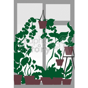 Clipart image of indoor plants and foliage in pots by a window.