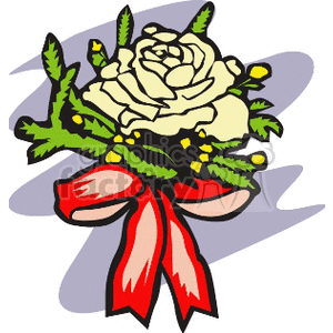 Clipart image of a white rose with green leaves and a red bow.