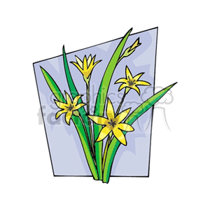 Illustration of yellow flowers with green stems and leaves on a light blue background.