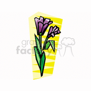 Illustrated clipart of purple flowers with green leaves on a yellow geometric background.