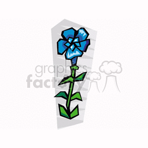 A stylized clipart image of a blue flower with green leaves against a geometric background.