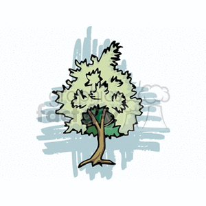 A stylized clipart image of a tree with green foliage and a brown trunk, set against an abstract background.