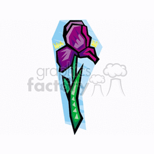 A stylized clipart image of a purple flower with green leaves and stem, all set against a geometric blue background.