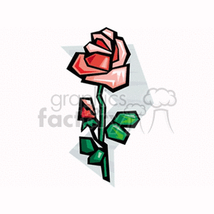 A stylized clipart image of a red rose with green leaves.