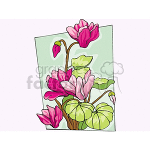 Colorful clipart of pink and red flowers with green leaves.