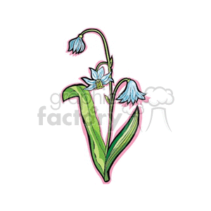 A clipart image of a stylized bluebell flower with three blue flowers and green leaves.