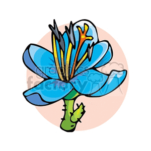 A colorful clipart image of a blue flower with detailed petals and a green stem.