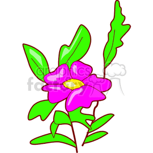 A colorful clipart image of a purple flower with a yellow center and green leaves.