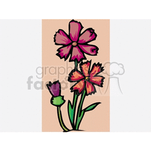 A colorful clipart image of three stylized flowers with pink and red petals on stems with leaves.