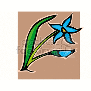 A stylized clipart image of a blue flower with green leaves on a brown background.