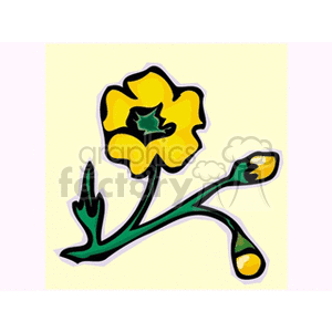 A stylized clipart image of a yellow flower with green stems and leaves.