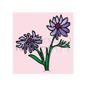 Clipart image of two purple flowers with green stems on a light pink background.