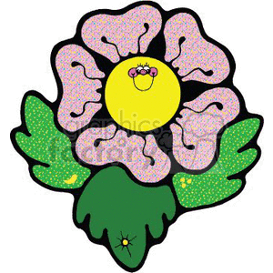 A colorful clipart image of a daisy-like flower with a happy face at its center and green leaves.