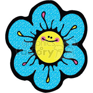 A cheerful clipart image of a blue flower with a smiling yellow face at its center, surrounded by rounded petals.