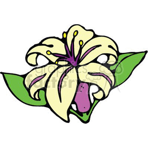 Clipart image of a stylized flower with large cream petals and green leaves.