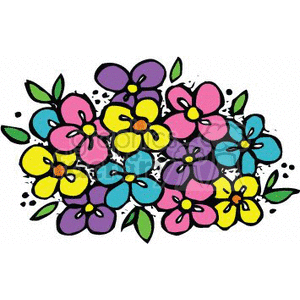 Colorful clipart illustration of assorted vibrant flowers with green leaves.