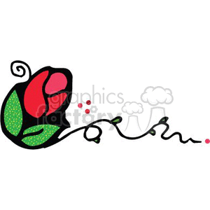 Stylized clipart of a red rose with green leaves and black swirling stem.