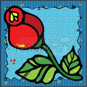 A colorful clipart image of a rosebud with green leaves against a decorative blue background.