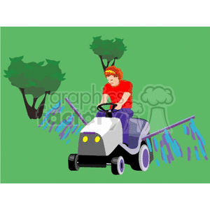 Clipart of a person on a lawnmower cutting grass with trees in the background.