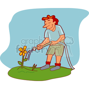 A cartoon illustration of a man watering a flower with a hose in a garden setting.