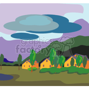 The clipart image features a scene with dark, ominous clouds suggesting an incoming storm or bad weather. Below the clouds, there is a landscape with rolling hills and a small cluster of houses. The houses appear to have lights on, possibly indicating it's evening or that the weather has darkened the sky enough to require artificial lighting. Surrounding the houses are green trees, and there is a body of water, likely a pond or lake, in the foreground.