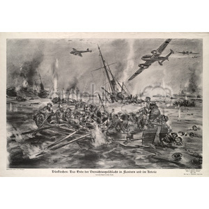 This is a black-and-white clipart image depicting a chaotic World War II battle scene. Soldiers are shown struggling on boats amidst a sea of destruction, with burning ships in the background. Fighter planes are flying overhead, and the entire scene illustrates the devastation of war.