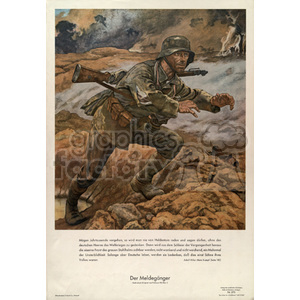 Vintage poster of a World War II soldier in an active battlefield, carrying a gun and running. The poster has a German title and text.
